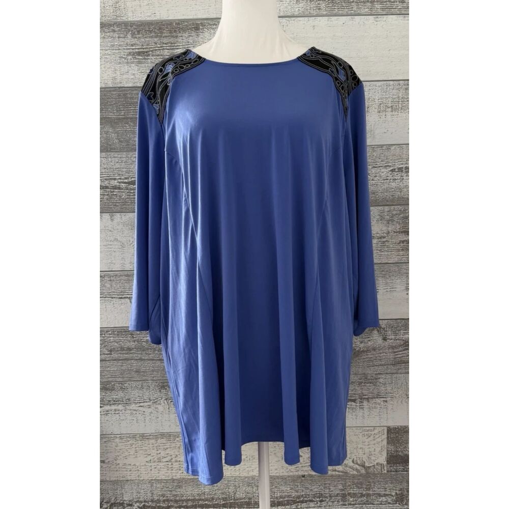 AnyWear by Catherines Blouse Women's 2X Blue Embroidery 3/4 Length Sleeve (NWT)